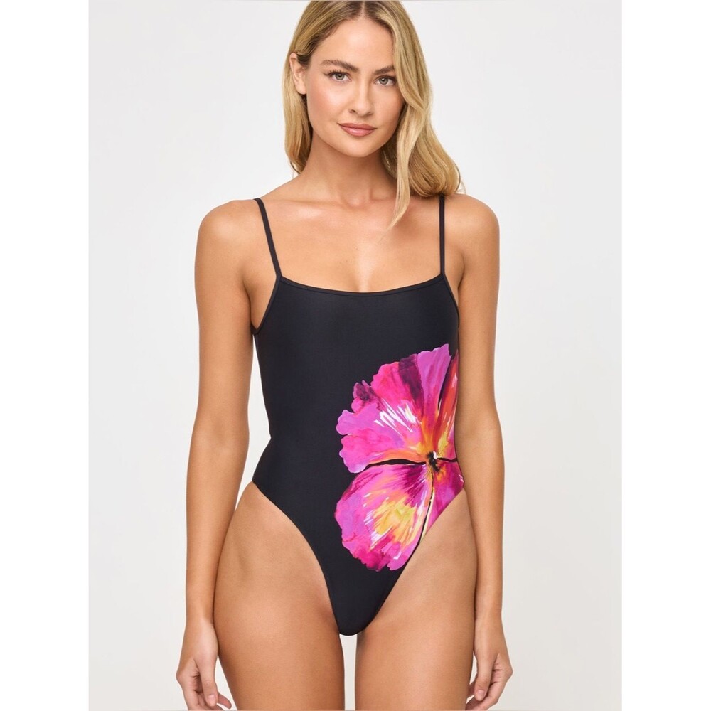 l*space Holly One Piece Swimsuit Black with Pink Floral Accent Midnight Hibiscus